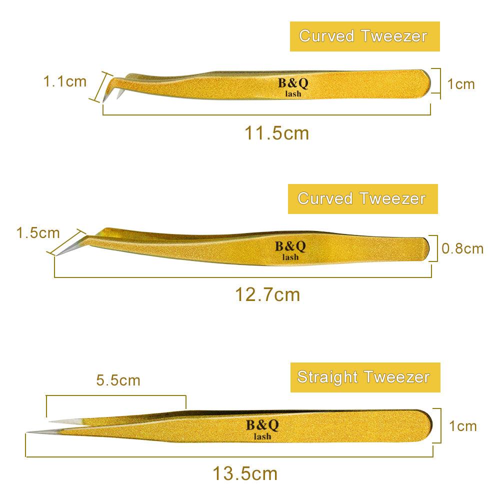 3 Stück Wimpernverlängerungspinzetten-Set Goldene Volumen Pinzette