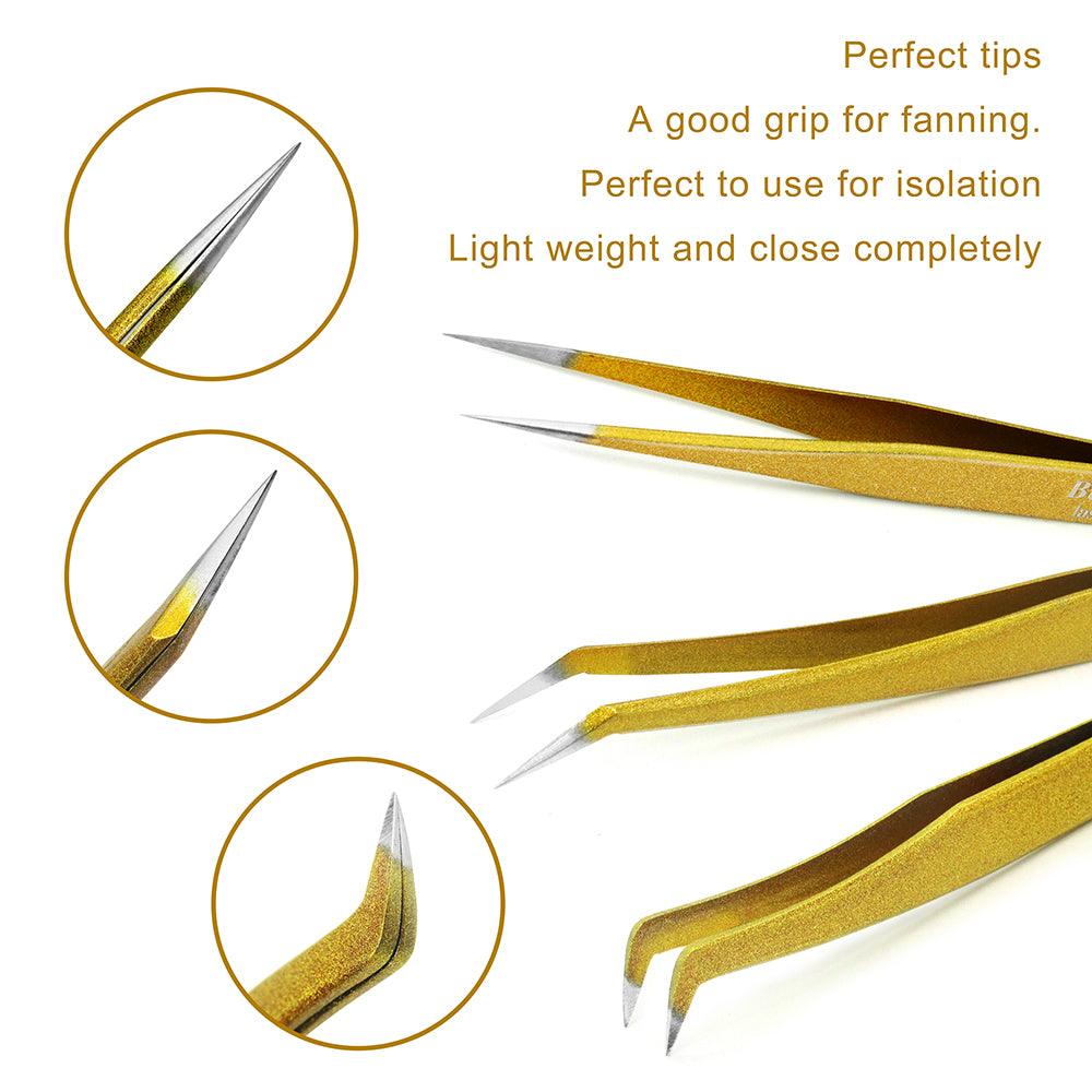 3 Pieces Eyelash Extension Tweezers Set Golden Volume Tweezers